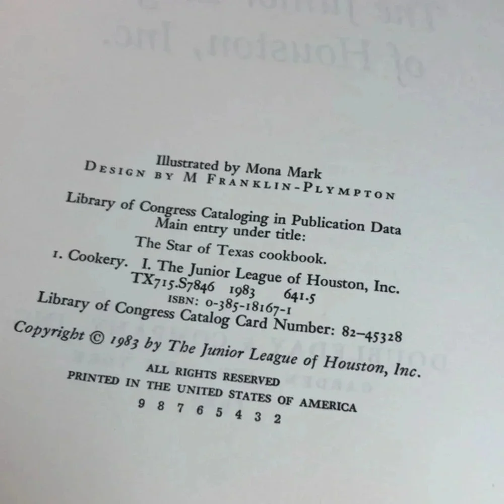 Vintage 1983 THE STAR OF TEXAS THE JUNIOR LEAGUE of HOUSTON cookbook